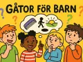 Barn funderar på svåra gåtor. En flicka pekar och verkar ha en idé, medan de andra ser fundersamma ut.