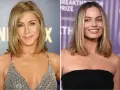 Jennifer Aniston i Margot Robbie z blond włosami do ramion, obie uśmiechnięte.