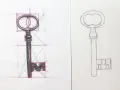 Un objet dessin facile : une clé ancienne, d'abord esquissée avec des guides de construction, puis dessinée au trait.