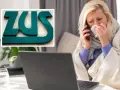 Chora kobieta rozmawia przez telefon, owinięta kocem, obok laptopa. W tle logo ZUS, sugerujące kontrolę L4.
