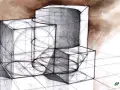 Szkic geometrycznych brył, ćwiczenie z perspektywy, idealne do nauki architektury studia online.