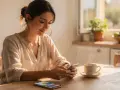Mujer sonríe usando su móvil, con una taza de café y un gráfico en pantalla. Ideal para un programa para hacer presupuestos gratis.