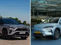 Dwa SUV-y: srebrny Toyota RAV4 i niebieski BYD Seal U.