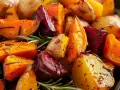 Ugnsrostade rotfrukter med rosmarin. En härlig blandning av potatis, morötter och rödbetor som fått en gyllene yta i ugnen.
