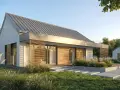 Nowoczesny dom z drewnianymi elementami, idealny do projektowania domów energooszczędnych. Otoczony zielenią, z dużymi oknami i tarasem.