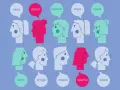 Ilustracja przedstawia głowy ludzi z dymkami, w których znajdują się słowa: "essa", "dzban", "boomer", "baza", "naura", "sztos", "cringe", "masno", "spanko", "kozak". To taki slangowy słowniczek.