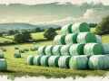 Zielone bele sianki na polu, gotowe do recyklingu folii. W tle pagórkowaty krajobraz.