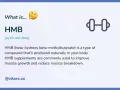 HMB co to? To beta-hydroksy beta-metylomaślan, związek naturalnie produkowany w ciele, wspierający wzrost mięśni. Ikona hantli symbolizuje jego zastosowanie.