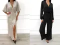Elegancka srebrna sukienka w cekiny i czarny kombinezon – inspiracje, jak się ubrać na wesele.