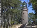 Ceglana latarnia Czołpino w lesie sosnowym, z drewnianymi schodami prowadzącymi do wejścia.