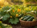 Frisch geerntete Zucchini liegen in einem Korb neben der Pflanze mit gelben Blüten. Ein perfekter Moment für die Zucchini-Ernte im warmen Abendlicht.