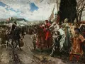 Un rey a caballo, con Granada al fondo, recibe a una reina y su corte. La escena evoca la importancia de la Mesta en la España medieval.