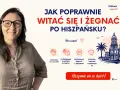 Kobieta z okularami uśmiecha się, obok tekst o tym, jak się mówi po hiszpańsku, ikony i rysunek hiszpańskiej architektury.