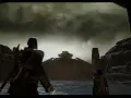 Kratos y Atreus contemplan una estructura colosal, el ancla de niebla de God of War, bajo un cielo tormentoso.