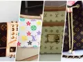 Cztery zbliżenia torebek Louis Vuitton: jedna z ćwiekami, druga kolorowa, trzecia z logo i blachą, czwarta ze złotym sznurkiem.