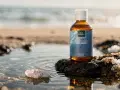 Bouteille d'eau de Quinton sur un rocher, évoquant le bien-être des intestins et la pureté de l'océan.
