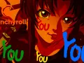 Anime-Figur mit Crunchyroll-Logo und bunten "you"-Schriftzügen.