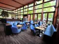 Gemütliches **Cafe Wilmersdorf** mit blauen Sesseln und Bänken, Holzboden und großen Fenstern, die auf eine grüne Terrasse blicken.