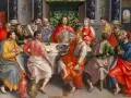 Jesus and his disciples at the Last Supper, a scene often depicted in different types of churches, with ornate architecture and rich fabrics.
