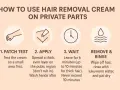 Instructions for using depilatory cream on private parts: patch test, apply, wait, and rinse. This cream's function is hair removal.