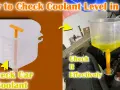Learn how to check car coolant level effectively. The image shows a measuring jug and a funnel being used to check the coolant in a car engine.
