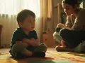 Chłopiec siedzi z założonymi rękami, patrząc w bok z miną obrażonego dziecka. Matka siedzi za nim, pochylona. Scena sugeruje szantaż emocjonalny dzieci wobec rodziców.