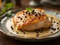 Un filet de poulet doré baignant dans une onctueuse sauce aux morilles, parsemé de morilles hachées et d'une touche de persil frais.