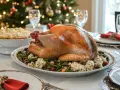 Un chapon rôti, prêt pour un repas de fête, servi avec des haricots verts et du riz. Une recette chapon farci à l'ancienne pour un Noël traditionnel.