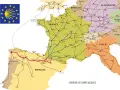 Carte des Chemins de Saint-Jacques, montrant les routes traversant la France, l'Espagne, le Portugal, l'Italie et l'Allemagne.