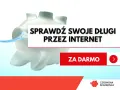 Świnka skarbonka tonie w wodzie. Napis: "Sprawdź swoje długi przez internet". Dowiedz się, jak sprawdzić czy ktoś ma komornika.