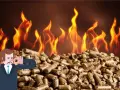 Uomo con naso tappato su mucchio di pellet, fiamme sullo sfondo. La stufa pellet puzza da spenta.