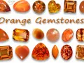 Collezione di pietre preziose arancioni, tra cui citrino, corniola e diaspro, con la scritta "Orange Gemstones".