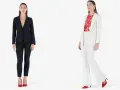 Donna con giacca aperta o chiusa: un completo nero elegante e un tailleur bianco con camicetta a fiori.