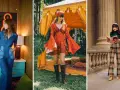 Trzy stylizacje w klimacie moda lat 70.: w dżinsowym kombinezonie, pomarańczowej sukience z dzwonami i w kraciastych dzwonach.