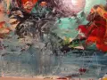 Peinture abstraite aux couleurs vives, avec des touches de bleu, rouge et vert. Le rendu est un mélange de vernis satiné ou mat, créant une texture riche et profonde.