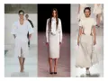 Sfilata di moda con tre modelle che indossano abiti eleganti in **dress code total white**. Gonne lunghe e top asimmetrici.