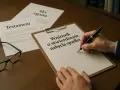 Dłoń pisze wniosek o stwierdzenie nabycia spadku. Obok leżą testament i akt zgonu.