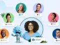 Un robot interactúa con un equipo diverso: Marketing, Ventas, Comercio, Servicio, IT y Datos. Así funciona **que es CRM en marketing** para conectar clientes.