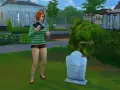 Simka z książką w ręku przy grobie, jakby szukała kodów do The Sims 3.