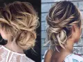 Due acconciature con capelli semi raccolti eleganti, con morbide onde bionde e castane, perfette per un look romantico.