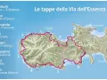 Mappa dell'Isola d'Elba con le tappe della Via dell'Essenza, un percorso che attraversa sentieri panoramici e borghi caratteristici.