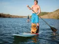 Mann mit sup hund krallen auf dem See. Ein Mann und sein Hund genießen das Stand-Up-Paddling.