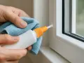 Ręce trzymają buteleczkę z preparatem i ściereczkę, aplikując środek na ramę okna. To rozwiązanie, czym usunąć silikon.