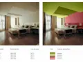 Habitación de hotel con paredes y techo pintados en colores vibrantes, usando el natural color system para un diseño moderno.