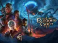 Postacie z Baldur's Gate 3, w tym Minthara, na tle mrocznego, burzowego nieba z smokami i logo gry.