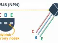 Schemat pokazuje tranzystor bipolarny BC546 (NPN) z wyprowadzeniami C, B, E. Widok od strony nóżek ułatwia identyfikację.