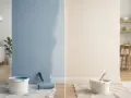 Pittura lavabile: un lato blu, un lato beige, con secchi e rulli. Valutare i pro e contro per la tua casa.