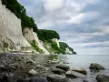 Majestatyczne, białe klify Rugii wznoszą się nad kamienistą plażą i spokojnym morzem. Zielone drzewa porastają szczyty, a chmury tworzą dramatyczne tło.