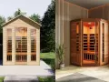 Cabine per saune a infrarossi: una all'esterno, in legno chiaro, e una all'interno, angolare, con illuminazione calda.