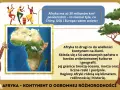 Ilustracja przedstawia mapę Afryki, żyrafę i tańczące postacie. Podkreśla różnorodność krajów afrykańskich, ich kulturę i geografię.